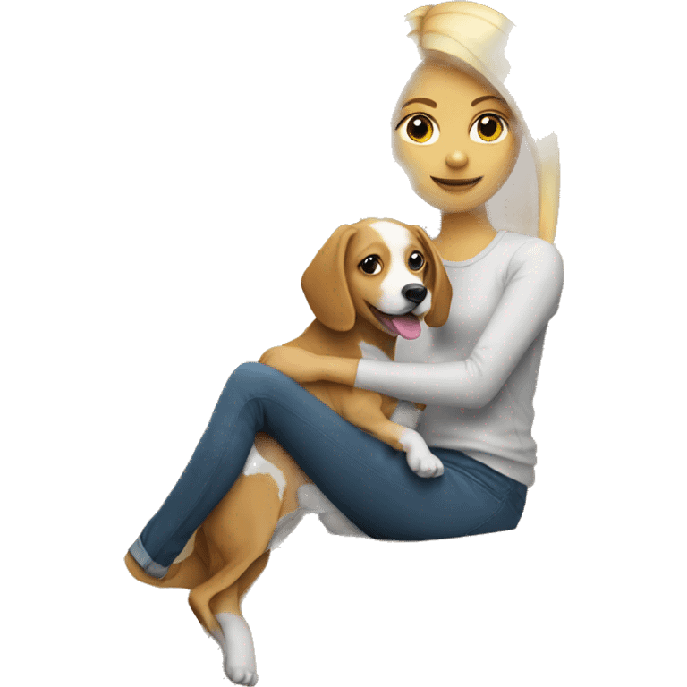 blonde girl with Brittany dog on couch emoji