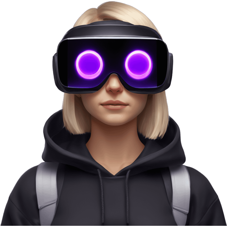 Russian girl wearing black hoody with violet letters "OMG", in vr headset oculus quest2. Standing like jedi. Cyberpunk style. Violet neon. emoji