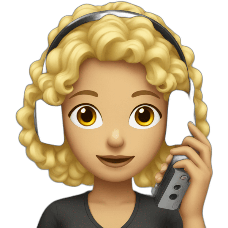 A woman with blond and curly hair and wearing headphones and a phone emoji