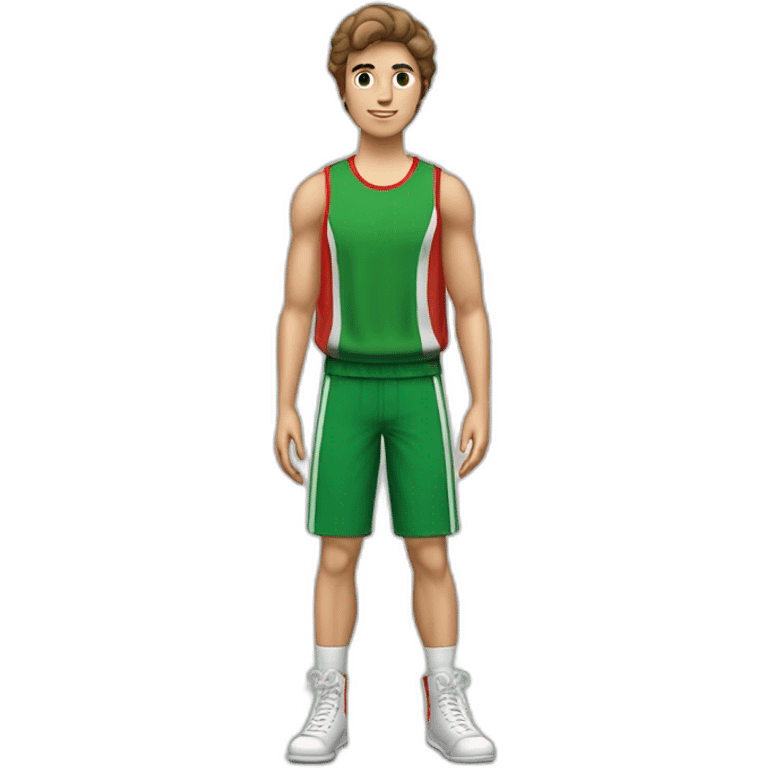 retro 70s red and green gym clothes for a modern white brunette uni male student emoji