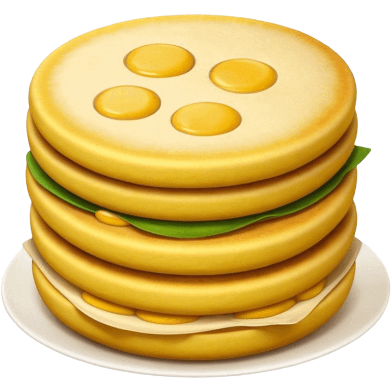 Cinematic Realistic Arepas Dish Emoji, depicted as golden cornmeal cakes filled with savory ingredients rendered with lifelike textures and warm, inviting lighting. emoji