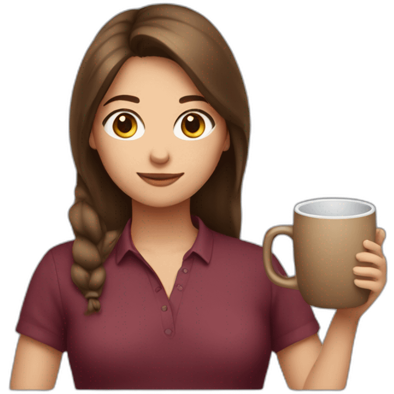 girl with brown hair, burgundy shirt with a large mug in her hand emoji