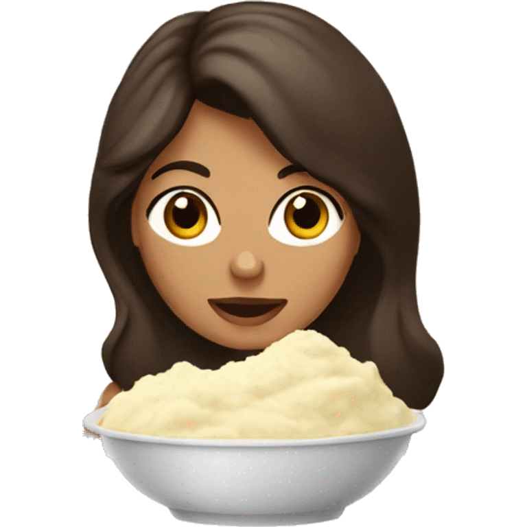 Brunette with brown eyes eating mashed potatoes emoji