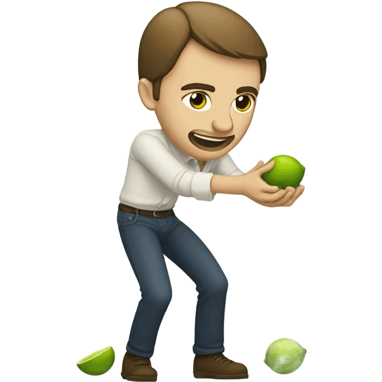 The same white man with brown hair bending down to pick up many fallen limes on the floor . emoji