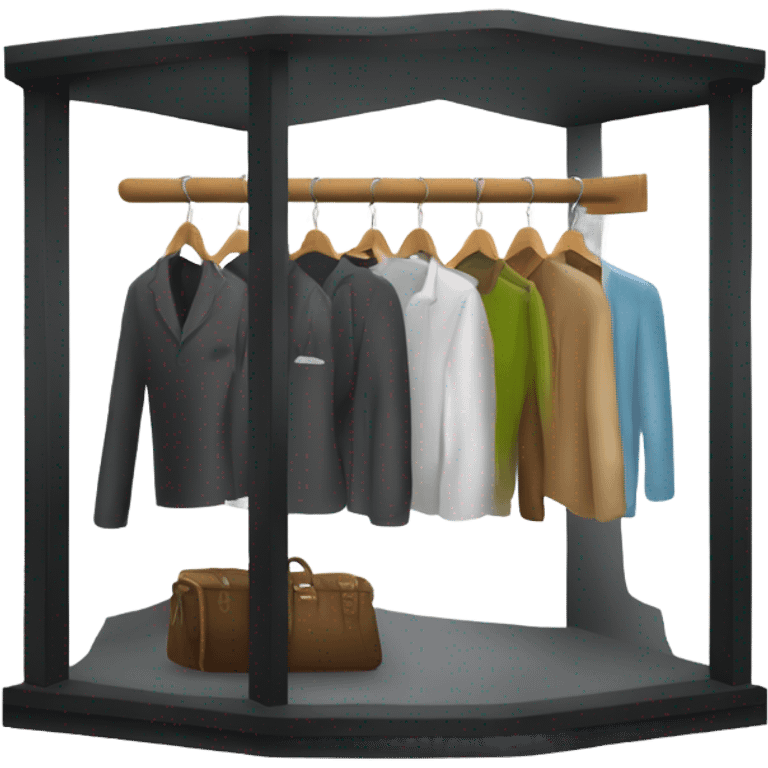 Design an emoji-style icon of an open wardrobe with clothes hanging inside. Include details like a wooden frame, hangers, and only black or white different clothing items such as shirts or any other clothing . Use a clean and minimalistic design. emoji