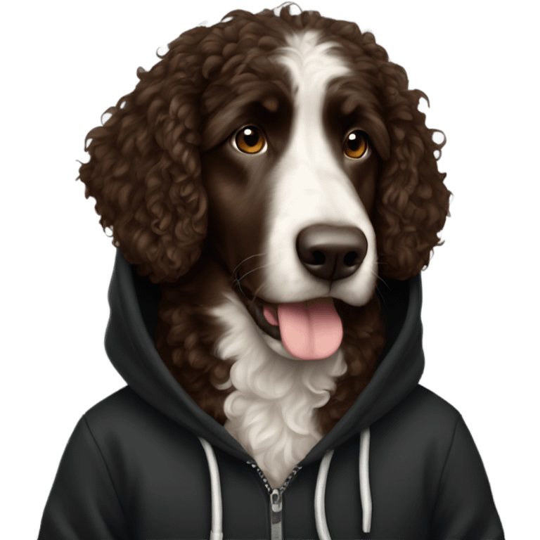 Large Dark Brown Aussie doodle in a black hoodie emoji