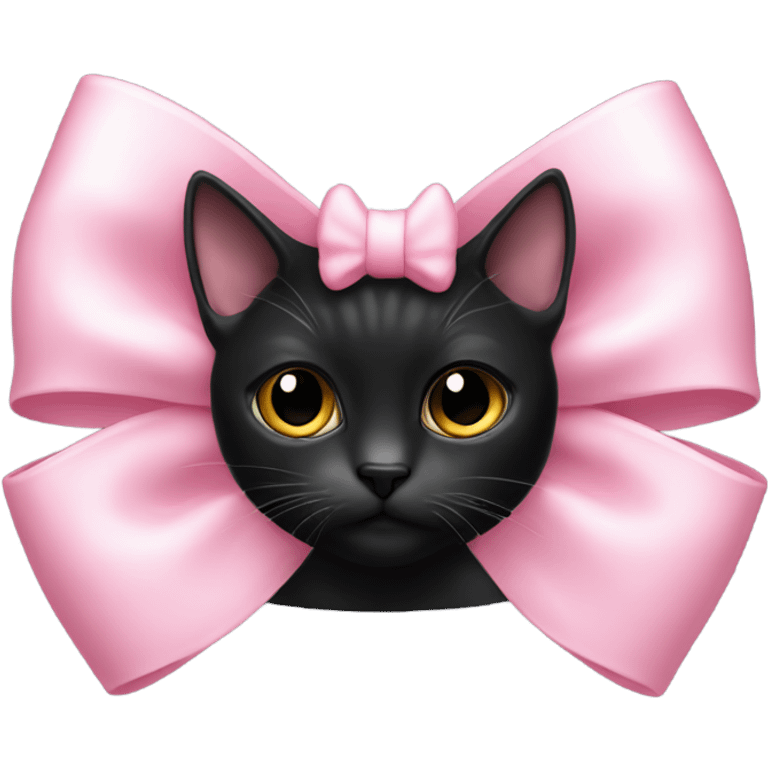 A delicate pink bow on a black cat emoji