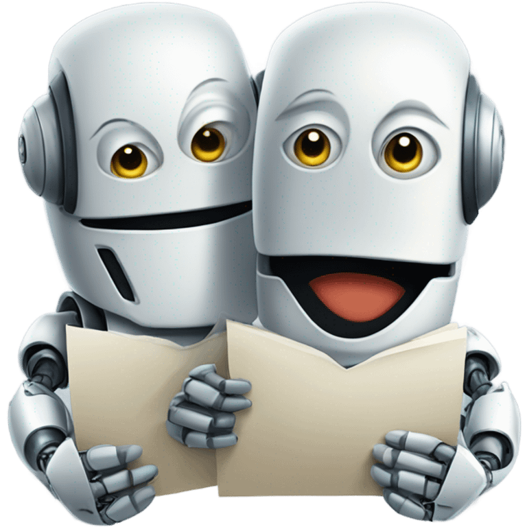 A robot with a mischievous smirk holding a secretive document, another robot with a neutral expression. emoji