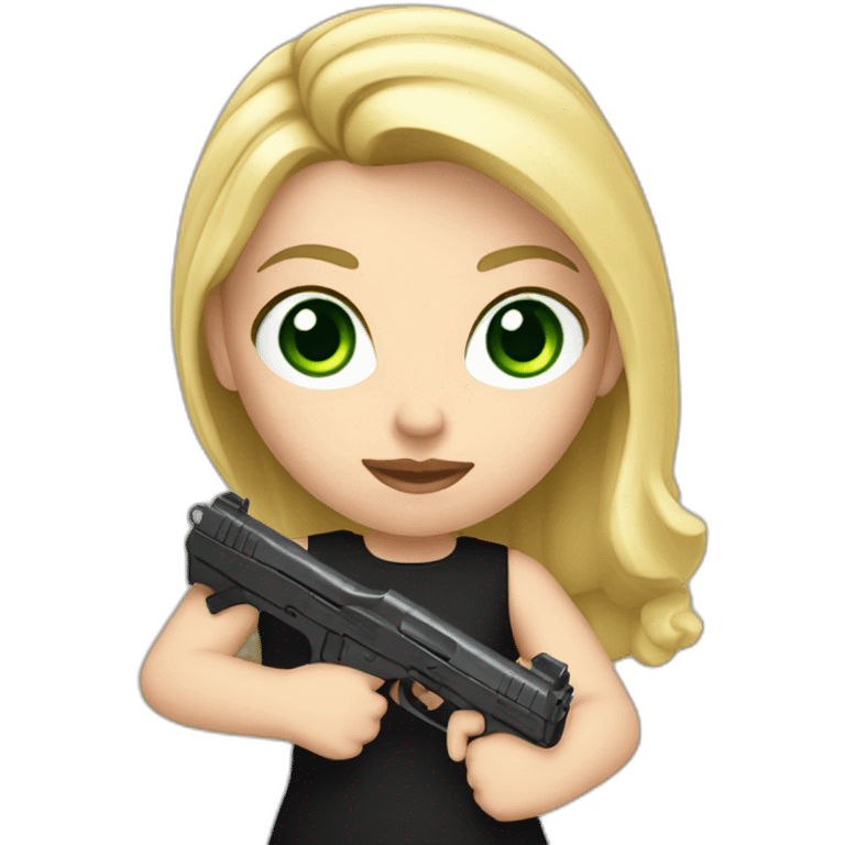 A white girl with blonde hair and green eyes, wearing a short black dress and holding a gun in her hand emoji