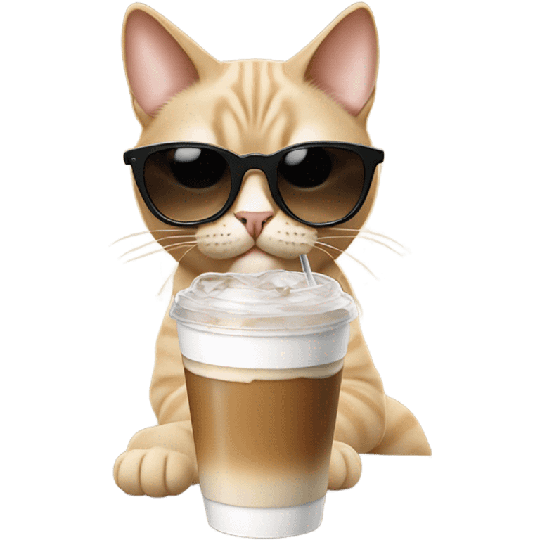 Beige cat wearing black sunglasses with a ice coffee emoji