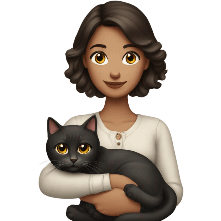 portrait of a beautiful brunette girl holding a cat emoji