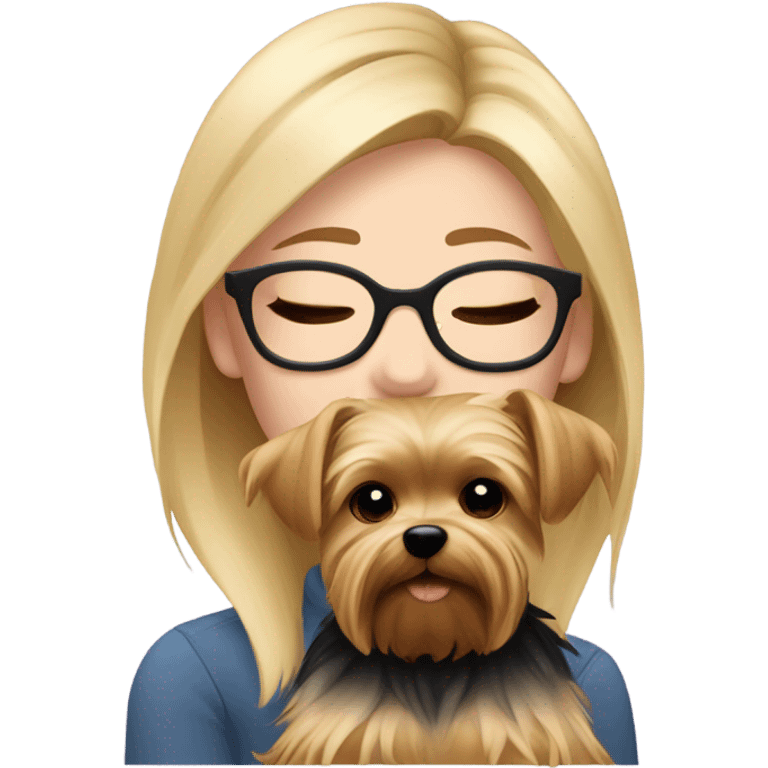 White girl blonde hair eyes closed wearing glasses hugs Yorkshire terrier  emoji