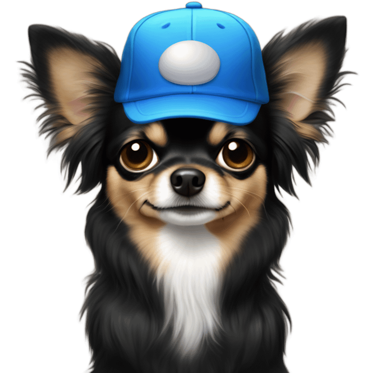 cute all black long haired Chihuahua held by old blue eyes man with goatee and ball cap emoji