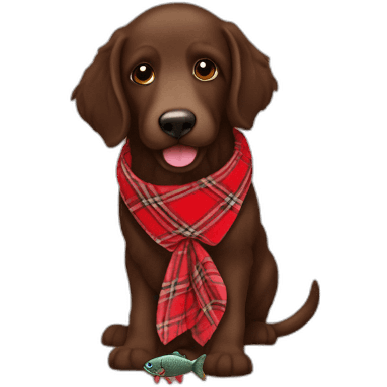 Chocolate brown colored doodle with a red and black flannel hankerchief holding a plush trout fish chew toy emoji