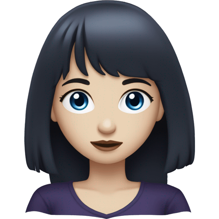 girl, pale skin, blue eyes, long hair, deep purple hair, bangs, black clothes, eyeliner, mole above left upper lip emoji