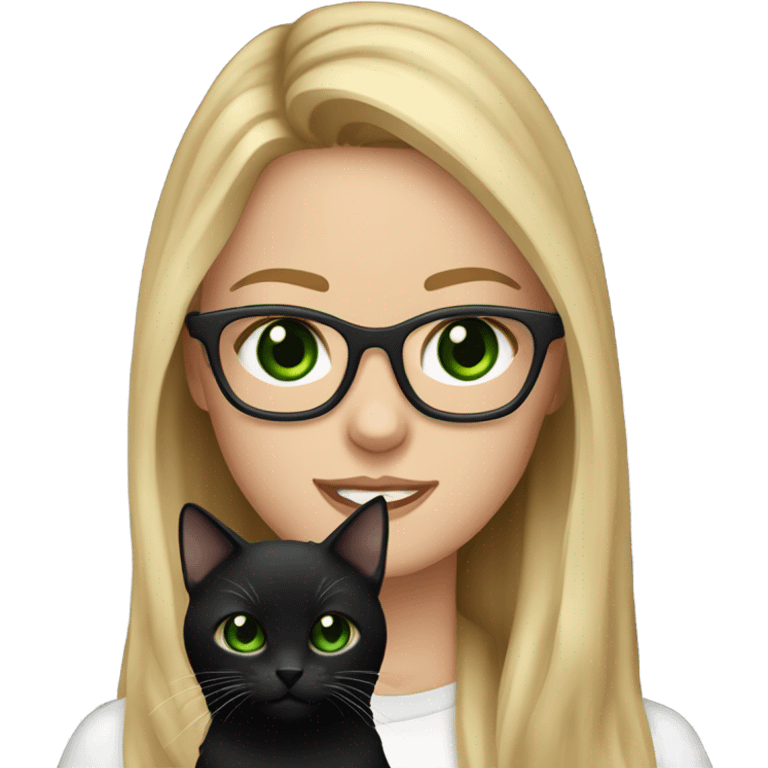 pretty white girl with dark green eyes, long dirty blonde hair, with square frame glasses. holding a black cat emoji