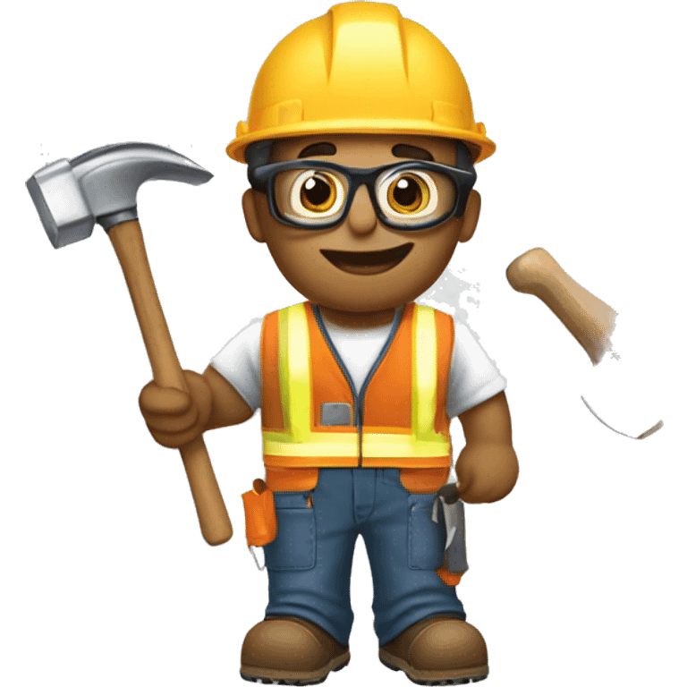 Carpenter wearing safety glasses with hammer in hand and stickers on hard hat emoji