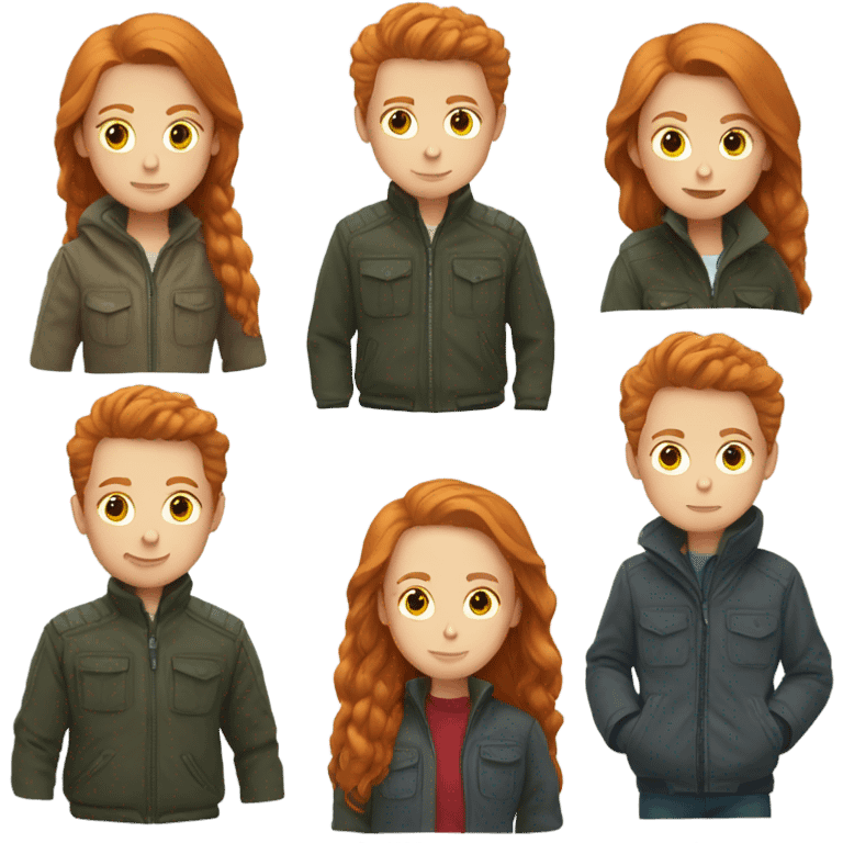 Ginger boy brunette girl outdoors in jackets emoji