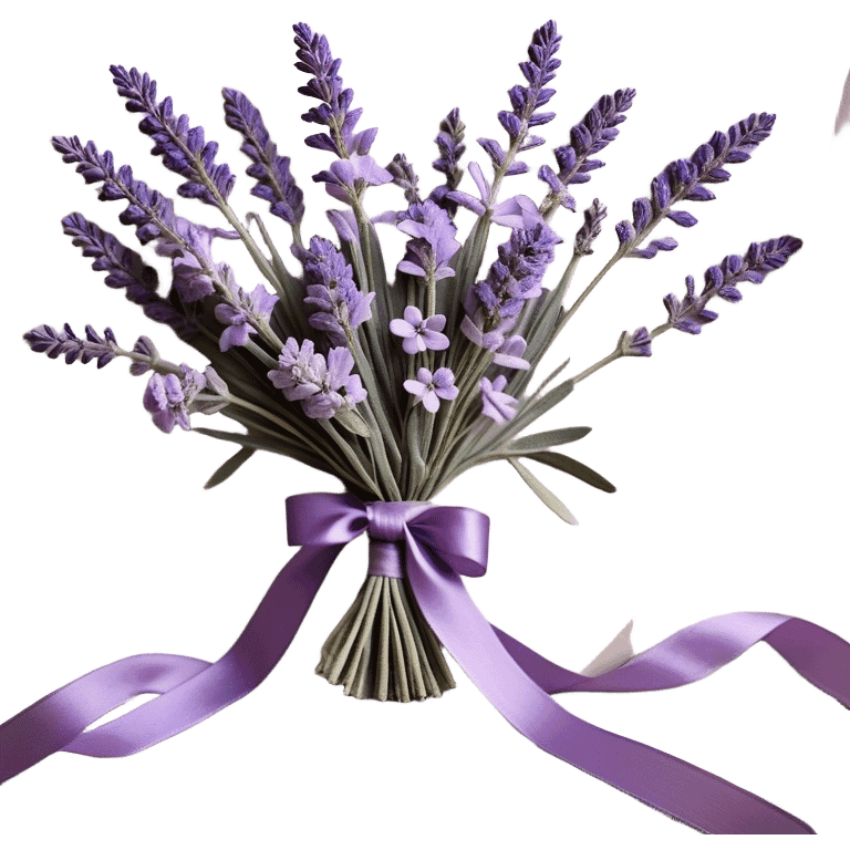 A delicate lavender bouquet, bound with a faded violet silk ribbon, rests atop an aged lace cloth, its soft petals releasing a gentle, calming fragrance. Wisps of dried lavender buds scatter across the table, their muted plum and lilac hues blending harmoniously with the intricate embroidery of the fabric.
 emoji