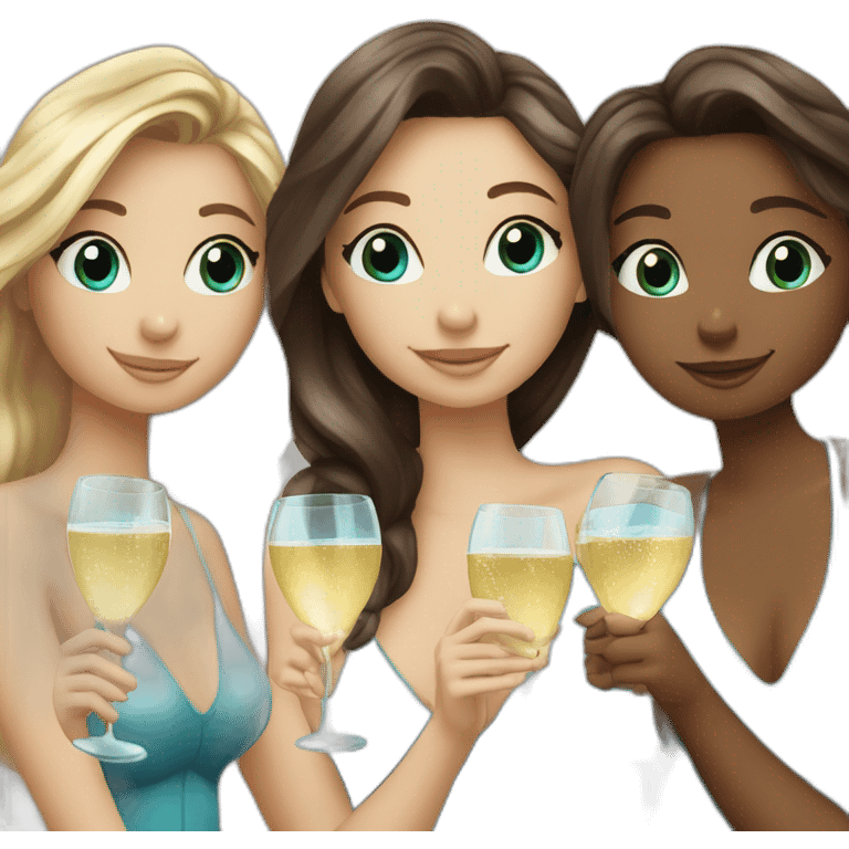 Three beautiful mermaids (two brown hair with brown eyes and blond one with blue eyes) drinking champagne emoji