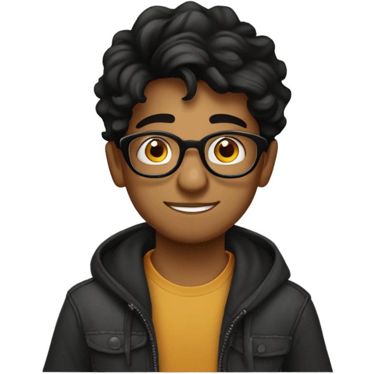 young handsome indian boy with round thick rimmed glasses with black wavy hair drinking coffee from a mug emoji