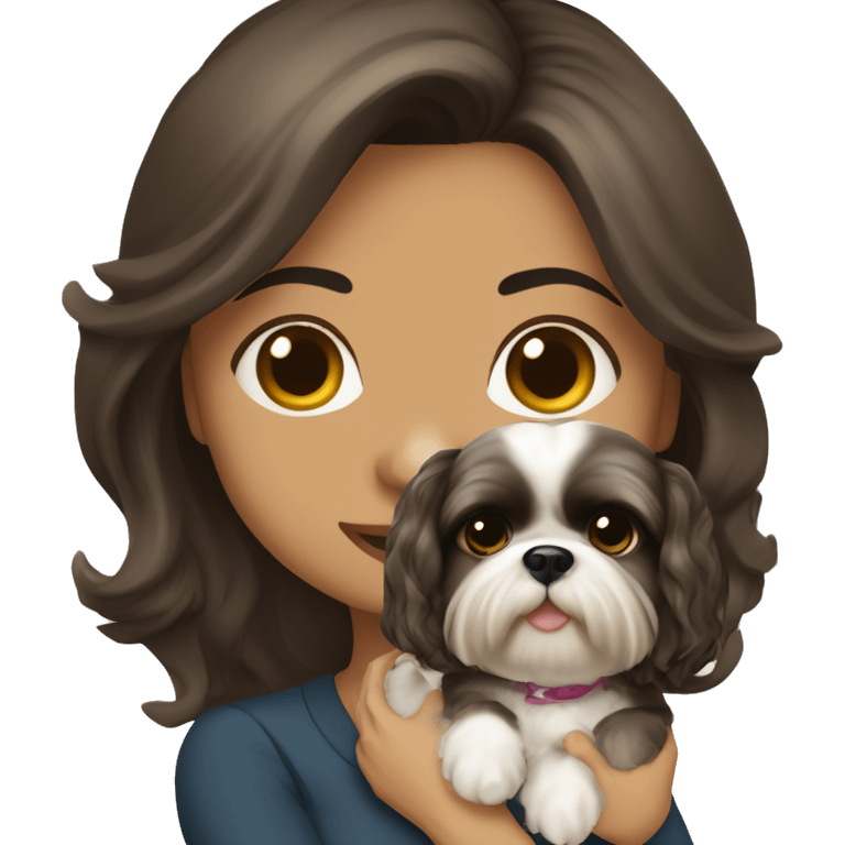 Young dark brunette medium kin hair woman with a cream shih tzu in her arms long wavy hair emoji