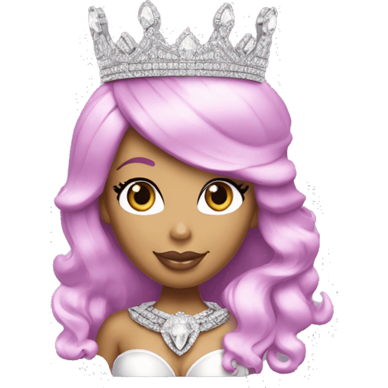 Nicki Minaj with a crown on and a diamond chain that says “queen”. Her crown is sparkly and silver tiara emoji