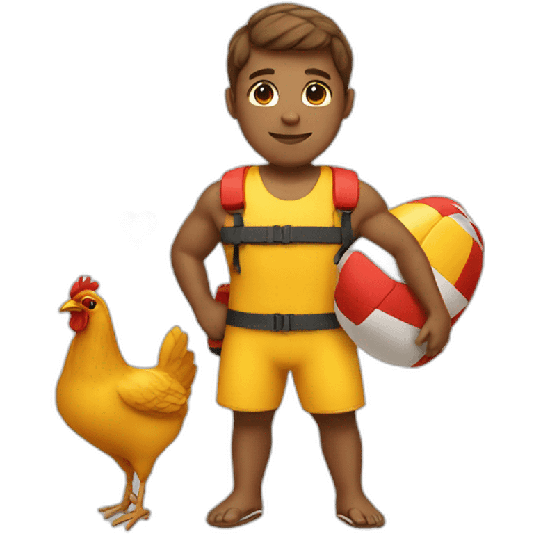 lifeguard with swimming attire holding a chicken emoji