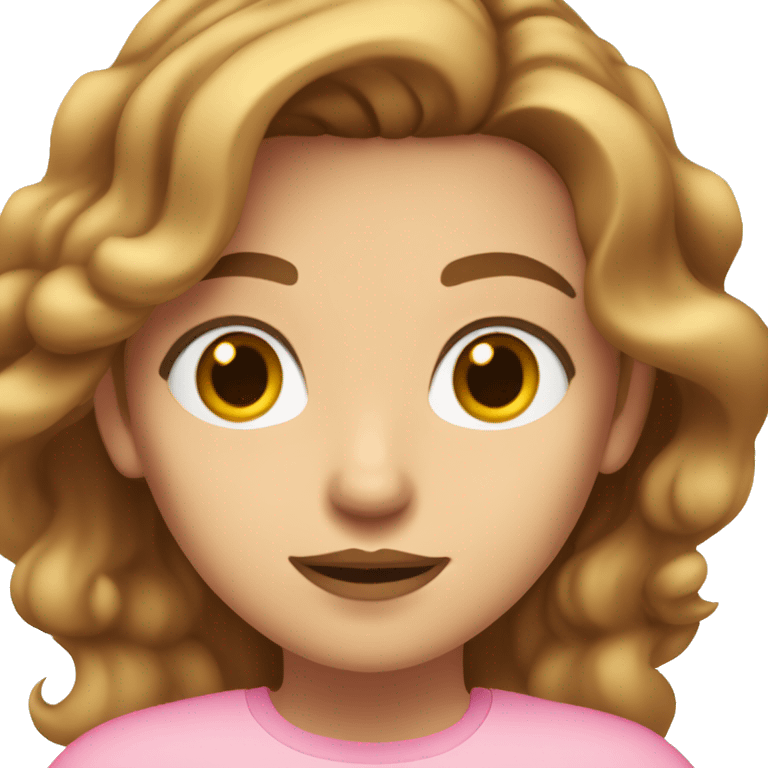 female character with long, wavy light brown hair, large brown eyes, light to medium skin tone, and soft pink lips with a neutral expression. She is wearing a plain pink shirt emoji