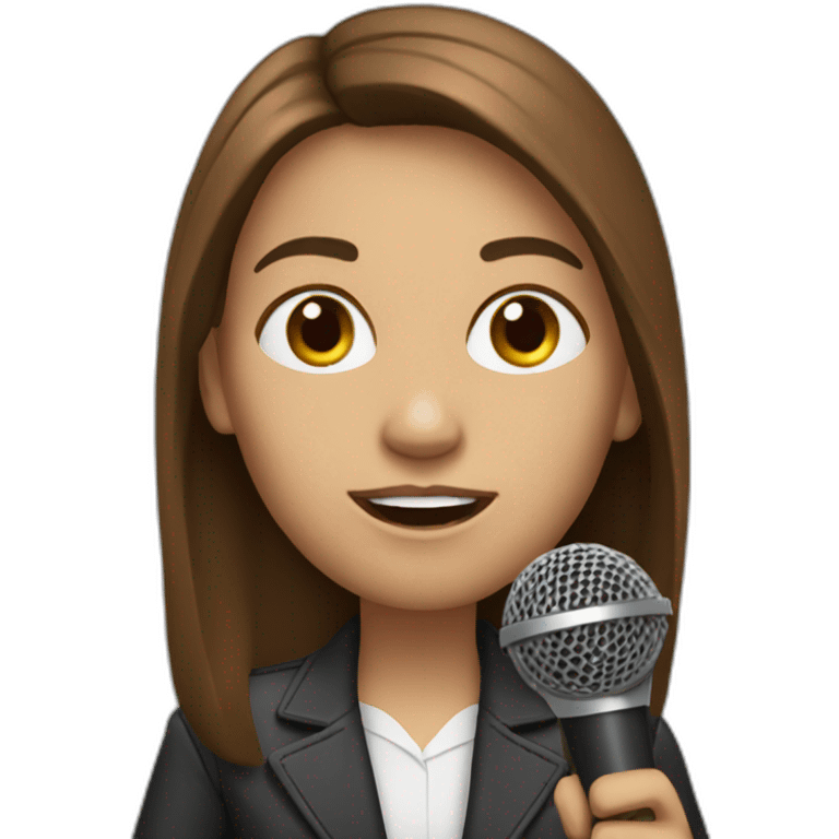 a journalist with long brown hair with a microphone emoji