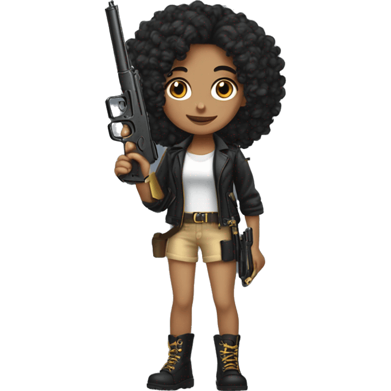 Tan girl with black curls, holding a black and gold gun ￼ emoji