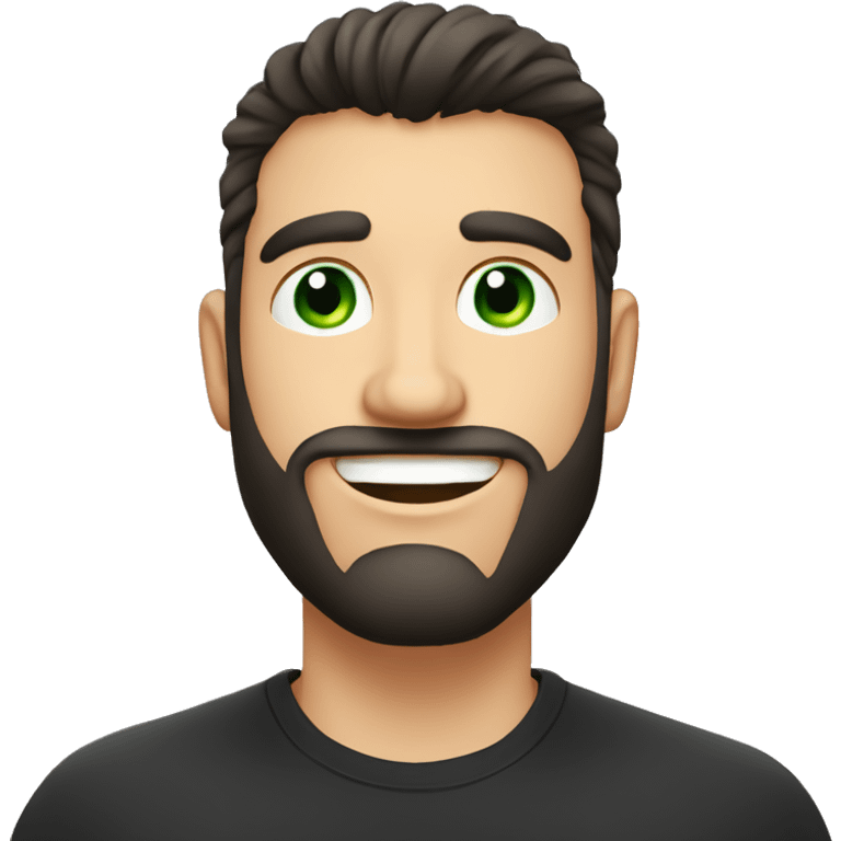 Handsome man with dark hair, gradient short hair on the side, green eyes. Big smile and thin face. Black t-shirt. A little beard. Emoji bubble next to his mouth to indicate he talking emoji