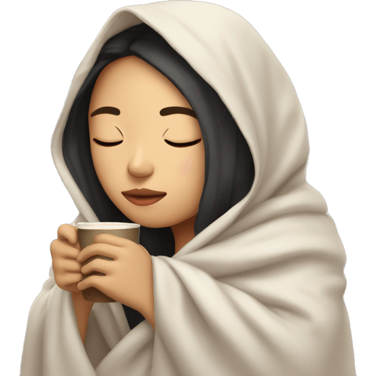 asian girl inside a blanket sipping coffee eyes closed emoji