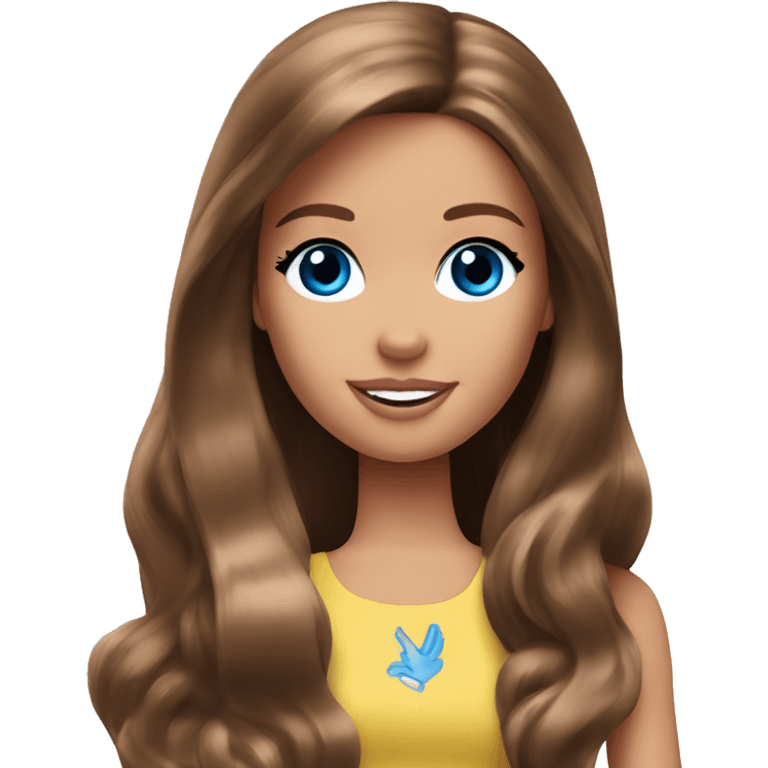 Barbie long brown hair blue eyes giving a peace sign emoji