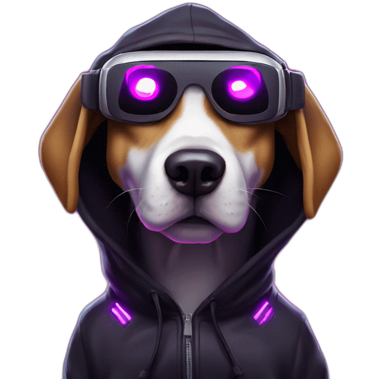 funny dog wearing a black hoodie with "OMG" letters on it and VR headset in a cyberpunk VR environment with violet neon lighting. emoji