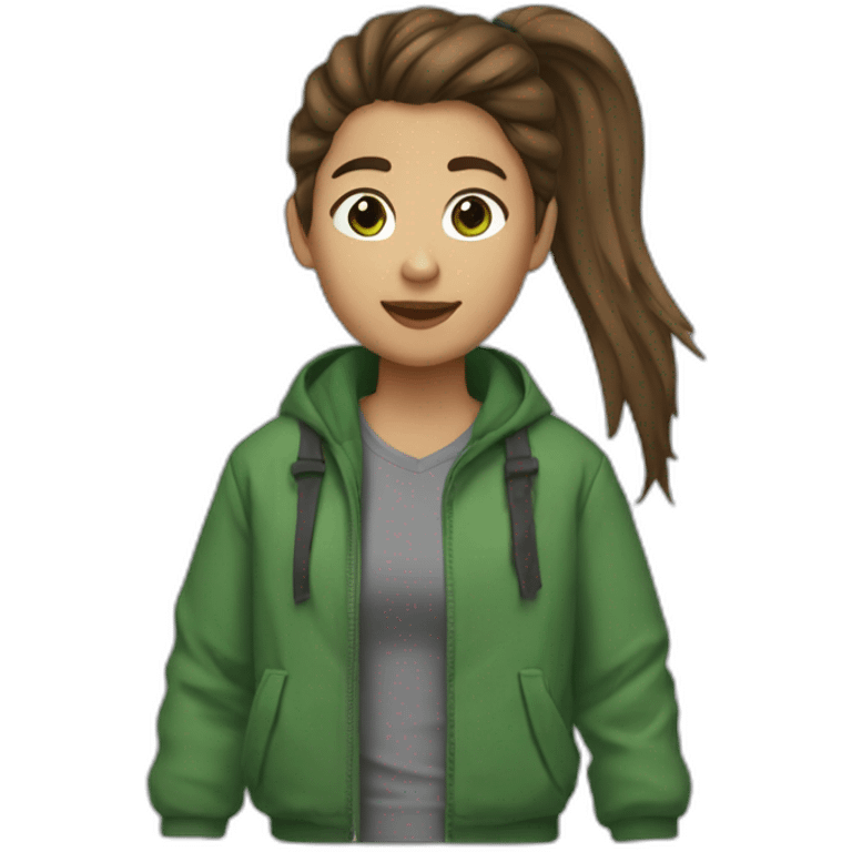 Ponytail brown hair, brown eyes, grey tshirt and green puff jacket emoji