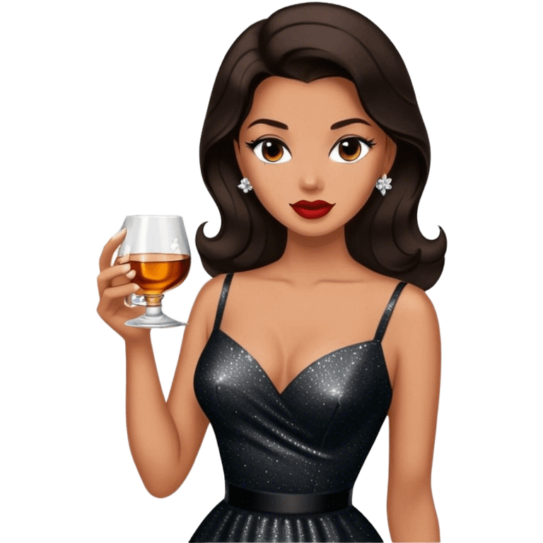 Beautiful woman in 1950’s woman fashion look, black shimmery dress, long dark brown hair, whisky with ice emoji