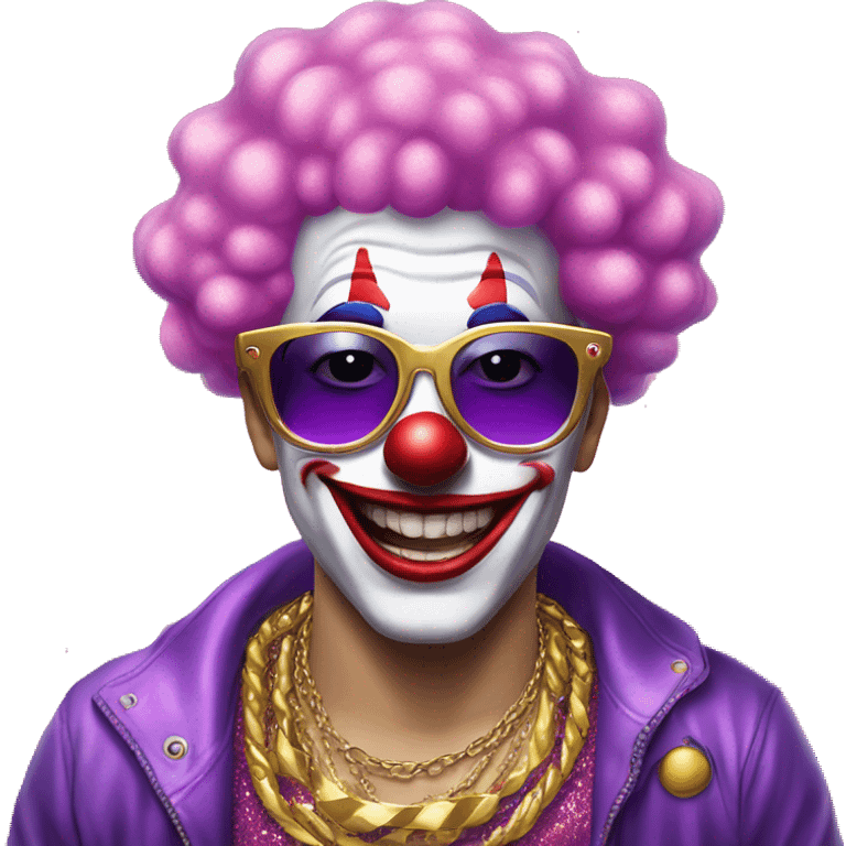 Clowning wearing pink sunglasses, glitter shirt, clown has pink and purple hair, gold chain,  emoji