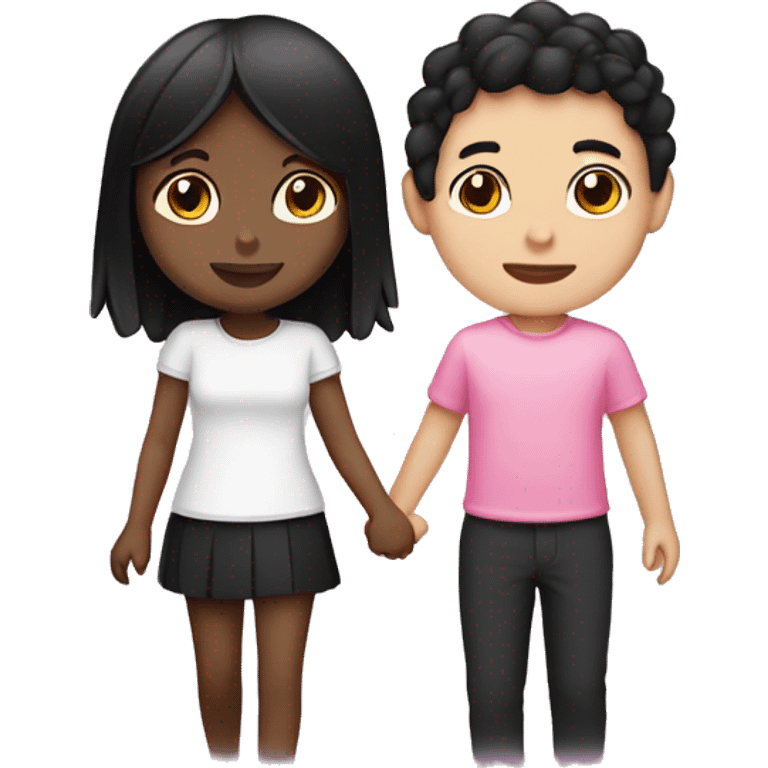 Emoji of a tan girl with black hair wearing pink and a white skin boy with black hair wearing black holding hands emoji