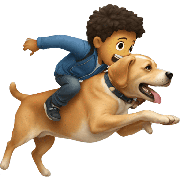 A little boy, jumping over a dog emoji