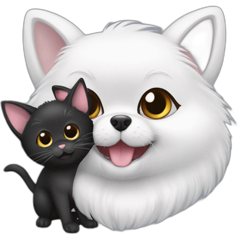 white pomeranian, black cat and gray mouse hug emoji