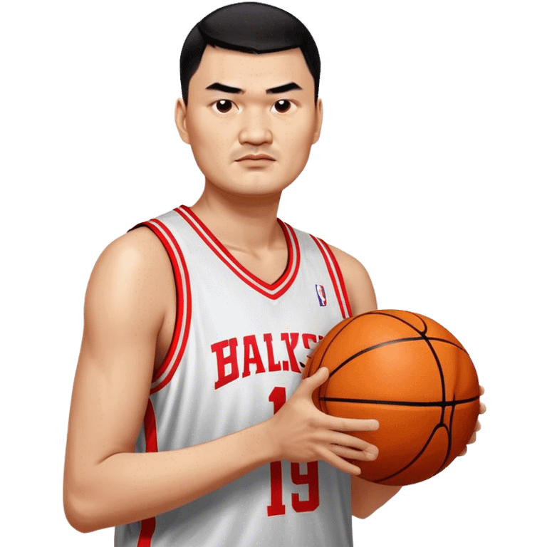 Yao Ming – Cinematic Realistic Portrait of Yao Ming, depicted as a towering basketball icon in a modern uniform, with a gentle yet determined expression and dynamic arena lighting that highlights his immense stature and graceful athleticism. emoji