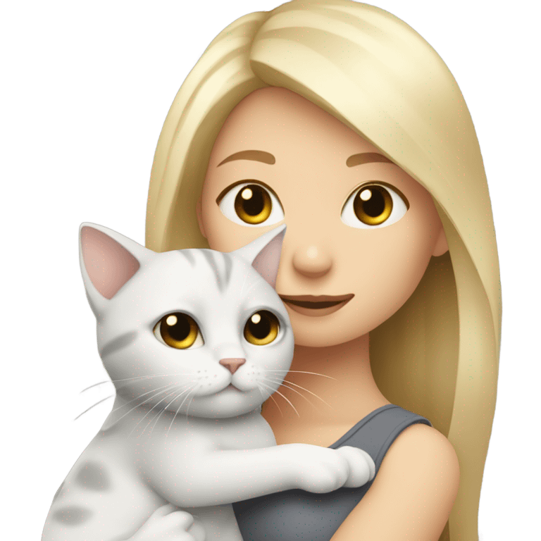 Blonde girl cuddling with grey and white small cat emoji