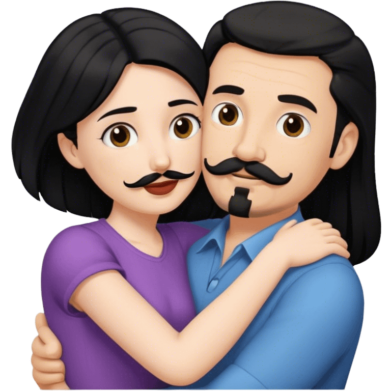 Tall white man with dark brown mustache and goatee hugging a short pale woman with long black hair emoji