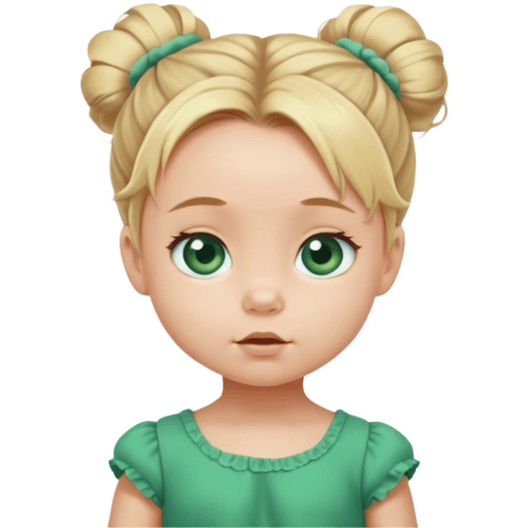 Blond baby girl with messybun  blue eyes green dress blue eyes emoji