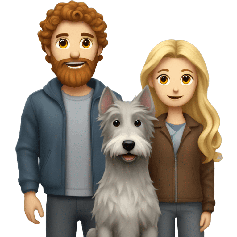 Brunette curled hair girl next to gray wolfhound and blond boy with red beard emoji