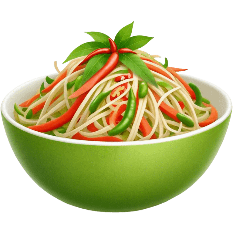 Cinematic Realistic Som Tam (Papaya Salad) Dish Emoji, featuring a spicy, tangy salad of shredded green papaya with chili and lime rendered with crisp textures and bright, lively lighting. emoji