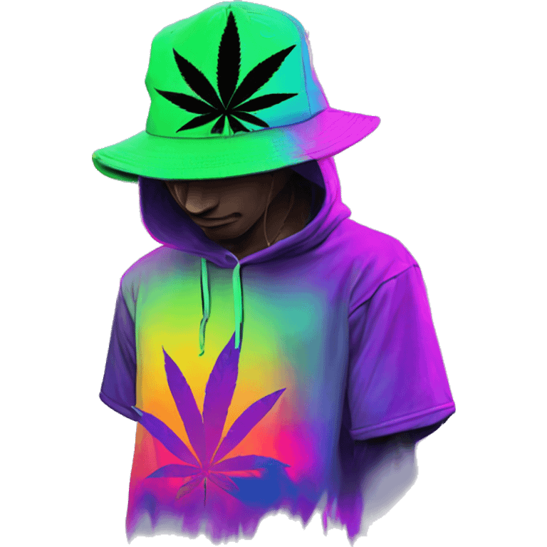 Hemp leaves Multicoloured neon person smoking wearing hoodie dancing hip hop bucket hat tropical Skater fashion aesthetic baggy clothes graphic t shirt 420 emoji