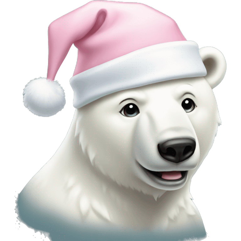 white polar bear wearing light pink santa hat and bow emoji