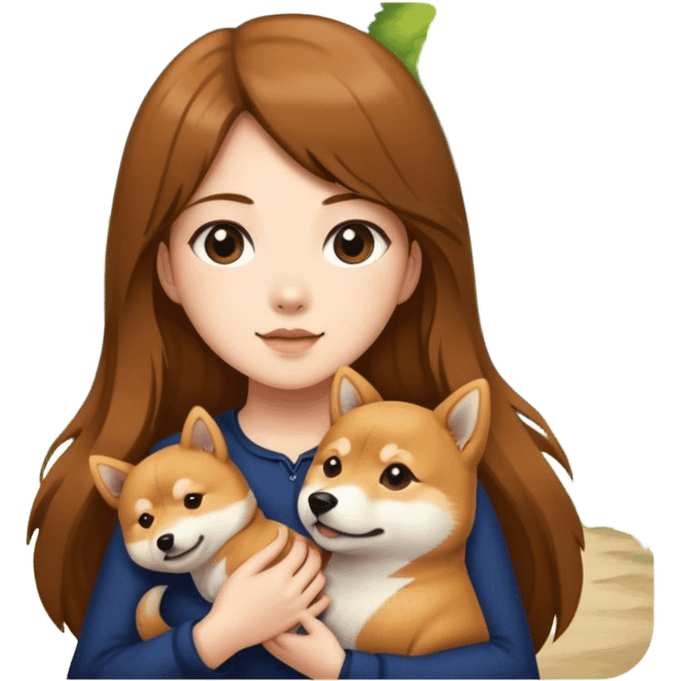 girl long brown hair with shiba inu outdoors emoji